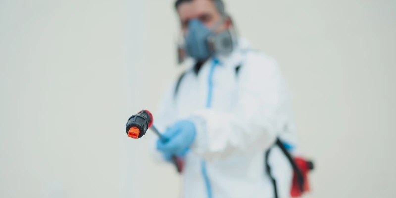 Técnico en fumigación con equipo de protección aplicando tratamiento para control de plagas en un edificio, asegurando la higiene y seguridad del inmueble. mantenimiento de edificios y fumigación