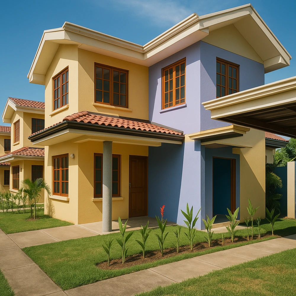 Casa nueva en condominio moderno de Costa Rica, con fachada colorida, jardines y techo de teja, lista para la venta.