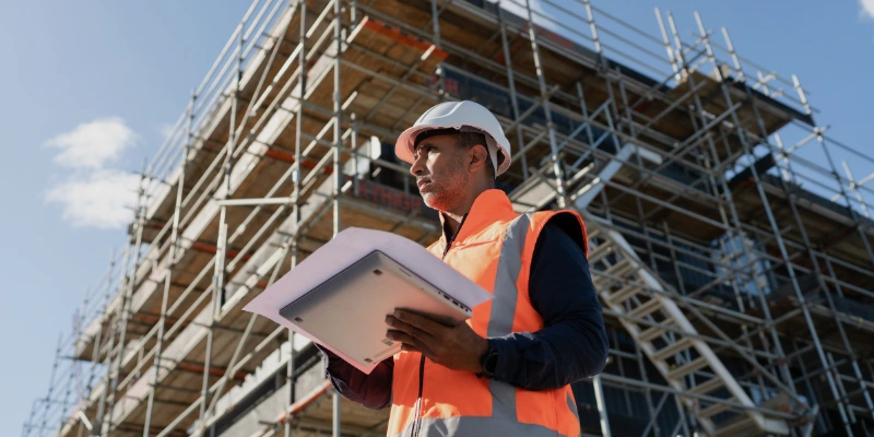 Obra civil en condominios con personal profesional realizando mejoras estructurales en áreas comunes.