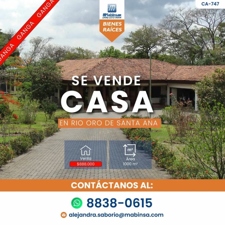 🏡CA-747-SE VENDE CASA – Río Oro de Santa Ana | GANGA  $888.000