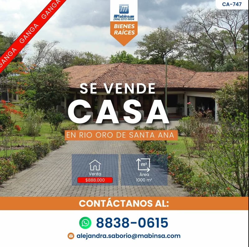 🏡CA-747-SE VENDE CASA – Río Oro de Santa Ana | GANGA  $888.000