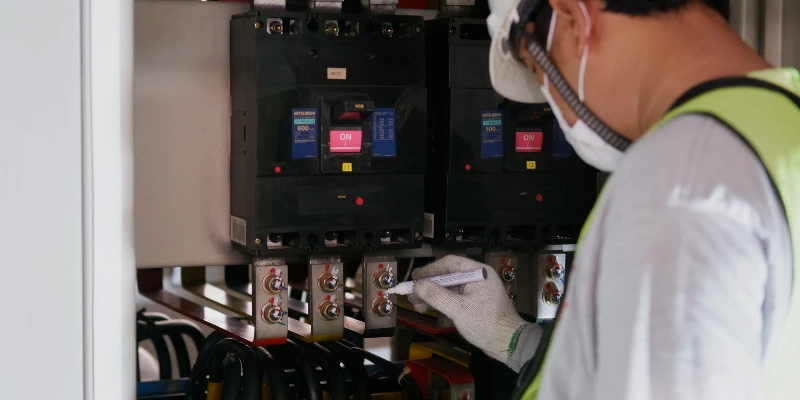 Técnico de Mabinsa realizando inspección de tablero eléctrico en edificio comercial en Costa Rica. Electromecánica preventiva: cómo evitar fallas eléctricas en edificios comerciales.