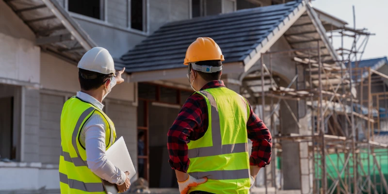 Proyecto de construcción de edificio en Costa Rica con maquinaria y trabajadores en obra. Construcción de edificios y casas.
