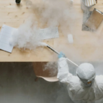 Técnico de fumigación de Mabinsa aplicando tratamiento en una oficina moderna en Costa Rica. Fumigación preventiva en oficinas y edificios comerciales en Costa Rica
