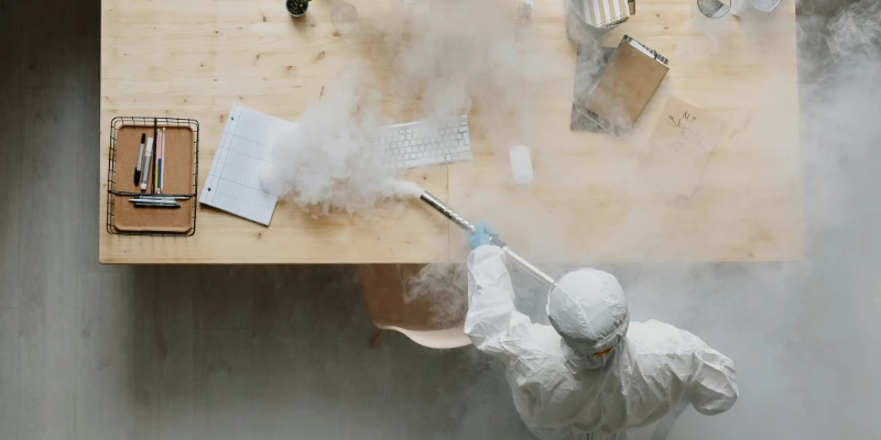 Técnico de fumigación de Mabinsa aplicando tratamiento en una oficina moderna en Costa Rica. Fumigación preventiva en oficinas y edificios comerciales en Costa Rica