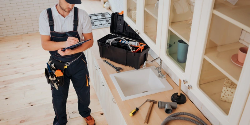 Trabajador handyman realizando reparaciones menores en área común de condominio. Servicio de Handyman en condominios: soluciones rápidas y profesionales.
