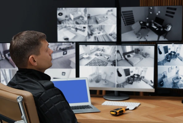 seguridad residencial en condominios. Guarda de seguridad verificando ingreso en portón eléctrico de condominio en Costa Rica