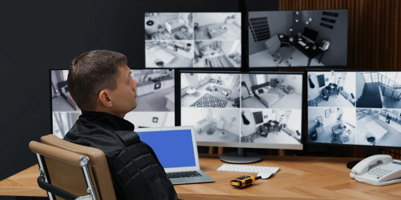 seguridad residencial en condominios. Guarda de seguridad verificando ingreso en portón eléctrico de condominio en Costa Rica