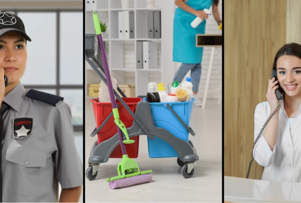Profesionales tercerizados trabajando coordinadamente en un condominio moderno