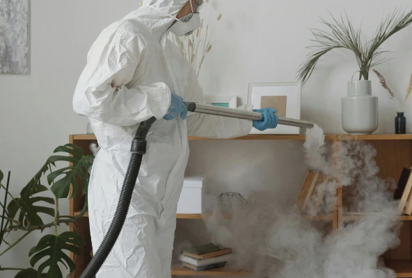 Técnico aplicando fumigación orgánica en un edificio comercial en Costa Rica