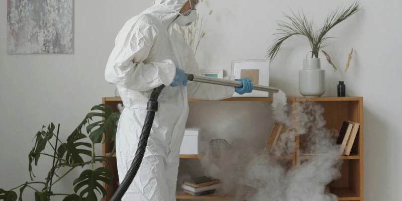 Técnico aplicando fumigación orgánica en un edificio comercial en Costa Rica