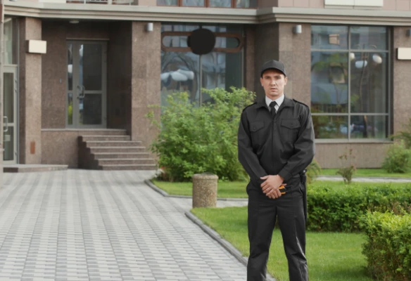 Guardia de seguridad privada saludando en la entrada de un condominio residencial moderno en Costa Rica
