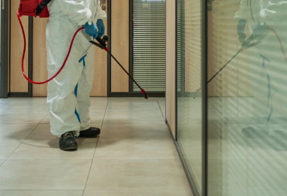 Técnico aplicando fumigación preventiva en áreas comunes de un condominio en Costa Rica