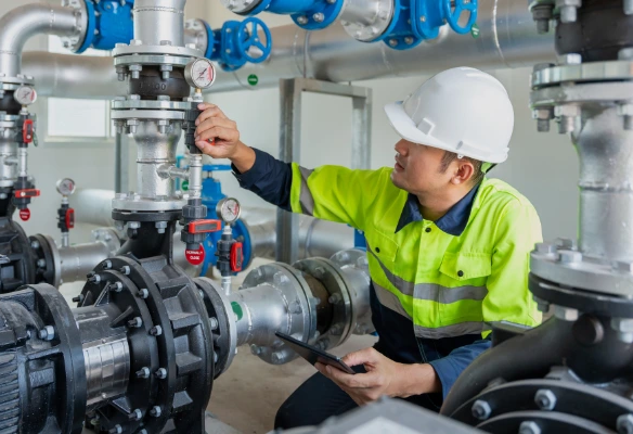 Técnico realizando mantenimiento preventivo a bombas de agua y sistema de presión en edificio en Costa Rica