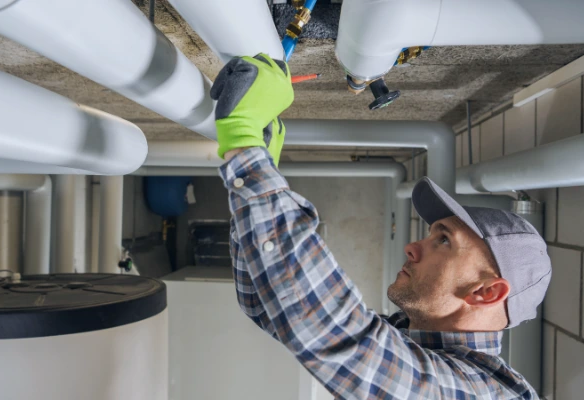 Técnico revisando tuberías y llaves de paso en un cuarto de máquinas de un condominio en Costa Rica, mantenimiento preventivo de fontanería