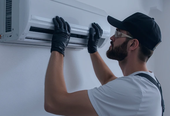 mantenimiento de aires acondicionados. Técnico dando mantenimiento preventivo a un aire acondicionado tipo minisplit en un edificio de oficinas en Costa Rica.