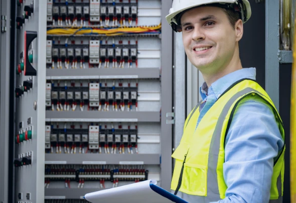 tableros eléctricos en condominios. Técnico inspeccionando un tablero eléctrico en cuarto eléctrico de un condominio en Costa Rica.