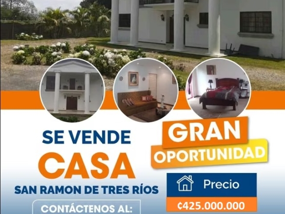 🏡CA-696 SE VENDE CASA – San Ramón de Tres Ríos / Precio ¢425.000.000