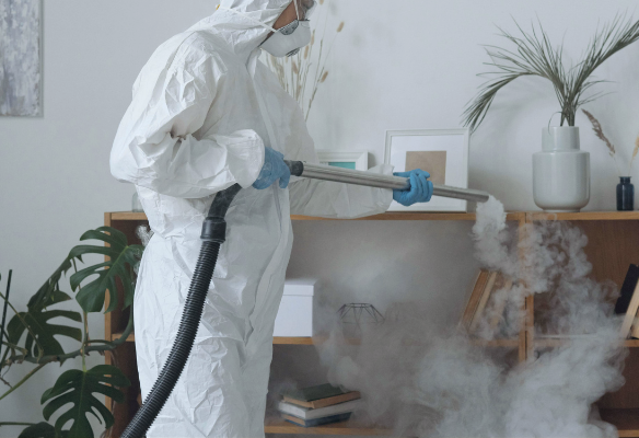 écnico aplicando control de plagas en áreas comunes de un edificio comercial en Costa Rica con señalización preventiva.
