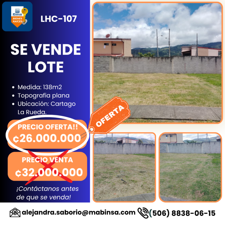 🌄LHC-107    LOTE EN CONDOMINIO HABITACIONAL LA RUEDA, CARTAGO.